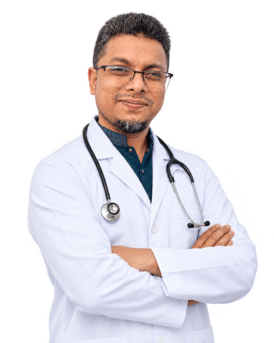ডা. মো. কোরবান আলী রনি, সাদা অ্যাপ্রোন ও স্টেথোস্কোপ পরা